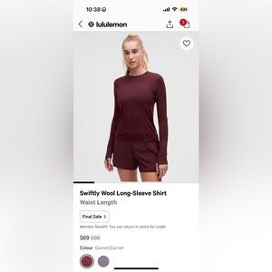 Lululemon swiftly wool long sleeves waist length XS